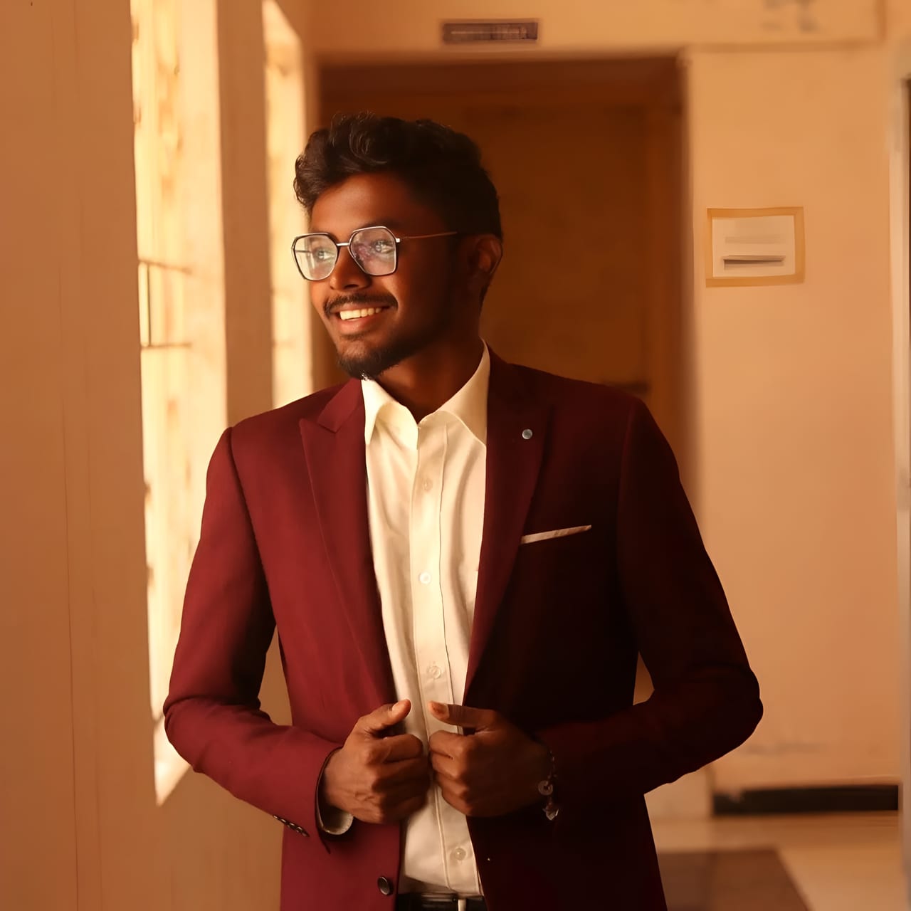 Thilak in a maroon blazer and white shirt, standing in a sunlit corridor and looking off to one side.